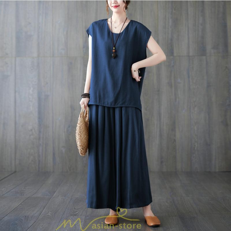 セットアップ | レディース 夏服 Tシャツ ワイドパンツ ガウチョパンツ カジュアル 無地 冷感 涼感 ブラウス トップス 30代40代 2点セット ゴム パンツ 半袖