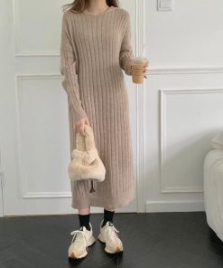 ニットワンピース | ワンピース 秋冬 太めリブニット ロングワンピース ミモレ丈 無地 フード付き 帽子 ストレッチ 大人 セーター 50代 長袖 20代30代 アウター