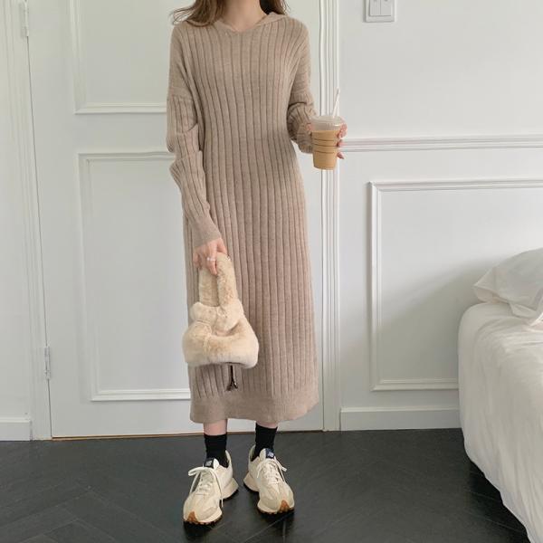 ニットワンピース | ワンピース 秋冬 太めリブニット ロングワンピース ミモレ丈 無地 フード付き 帽子 ストレッチ 大人 セーター 50代 長袖 20代30代 アウター