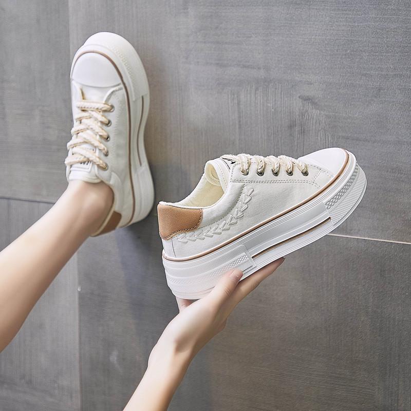 スニーカー | レディースシューズ レースアップ ローカット 厚底靴 履きやすい キャンバス カジュアルシューズ フラットシューズ
