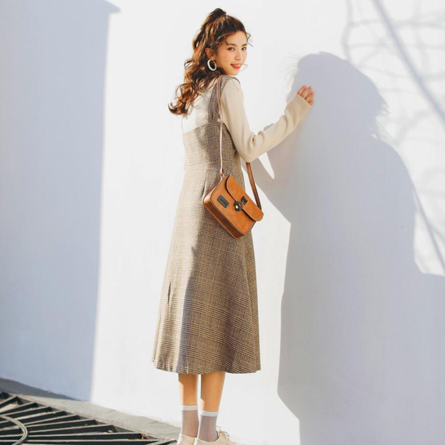 オールインワン | スカート ワンピース ロング 秋冬 チェック ジャンパースカート サロペット オールインワン 大人 グレンチェック
