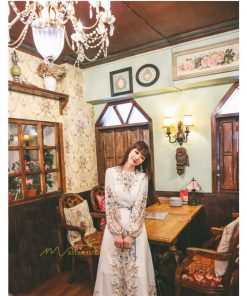 マキシ | ロングワンピース 長袖 レディース プリント Aラインワンピース 30代40代 ゆったり ワンピ 広い裾 ベルト付き ダンス プリンセス 舞台 落ち感 コスプレ