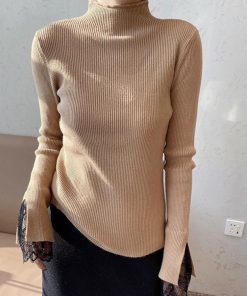 ニット・セーター | フェミニン 秋 スリムフィット 長袖 リブニットトップス レディース 袖レース 冬 細見 ニットセーター ハイネック ニットソー