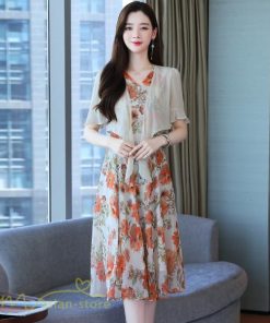 ミディアム | ワンピース レディース 花柄 着痩せ きれいめ おしゃれ 夏 サマーワンピース 膝丈 大きいサイズ 通勤 肩マント ミディアムワンピース お出かけ 気質 二点セット