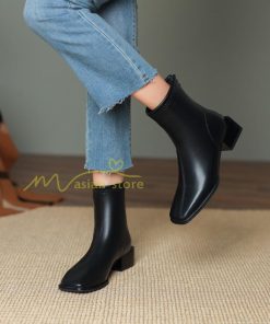 ショートブーツ | ブーツ レディース シューズ 靴 太ヒール チャンキーヒール ブーティー スクエアトゥ 合皮ブーツ COS 後ろファスナー PUブーツ コスプレ くつ
