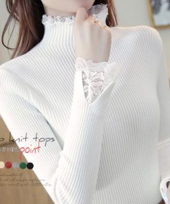 ニット・セーター | スリムフィット ニットウェア リブニット レースフリル襟 ニットソー レディース 長袖 ニットセーター ハイネック トップス