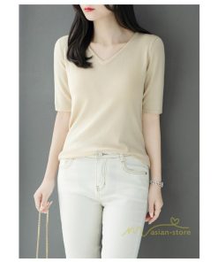 ｔシャツ・カットソー | サマーニット レディース Vネック トップス ニット 半袖 春服 春物 ニットチュニック 無地 きれいめ 春夏 黒 リブ 夏ニット 白 5分袖 涼し気