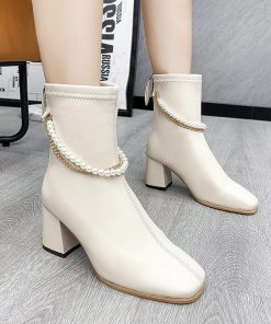 ショートブーツ | 大きいサイズレディース スクエアトゥ チャンキーヒール バックファスナー 合皮ブーツ 黒ブーツ ミドルヒール ブーツ フェイクパール シューズ