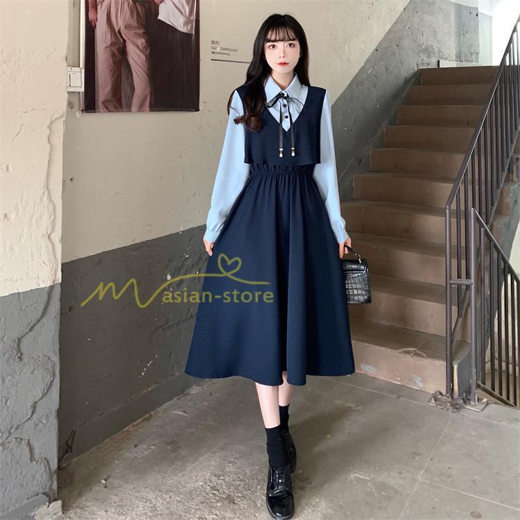 マキシ | ロングワンピース 秋物 レディース ミモレ丈 Aラインワンピース 切り替え フェイク レイヤード風 お呼ばれワンピース 30代40代 着やせ シャツカラー 重ね着風