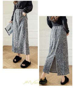 スカート | ロング マキシ フレアAライン ロングキラキラ 個性的 ハイウエスト スリット 着痩せ あったか 2022新作 体型カバー 冬 秋