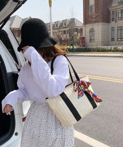 ハンドバッグ | 草編みバッグ リボン スカーフ付き かごバッグ 手提げバッグ レディース ストローバッグ 大容量 トートバッグ ハンドバッグ