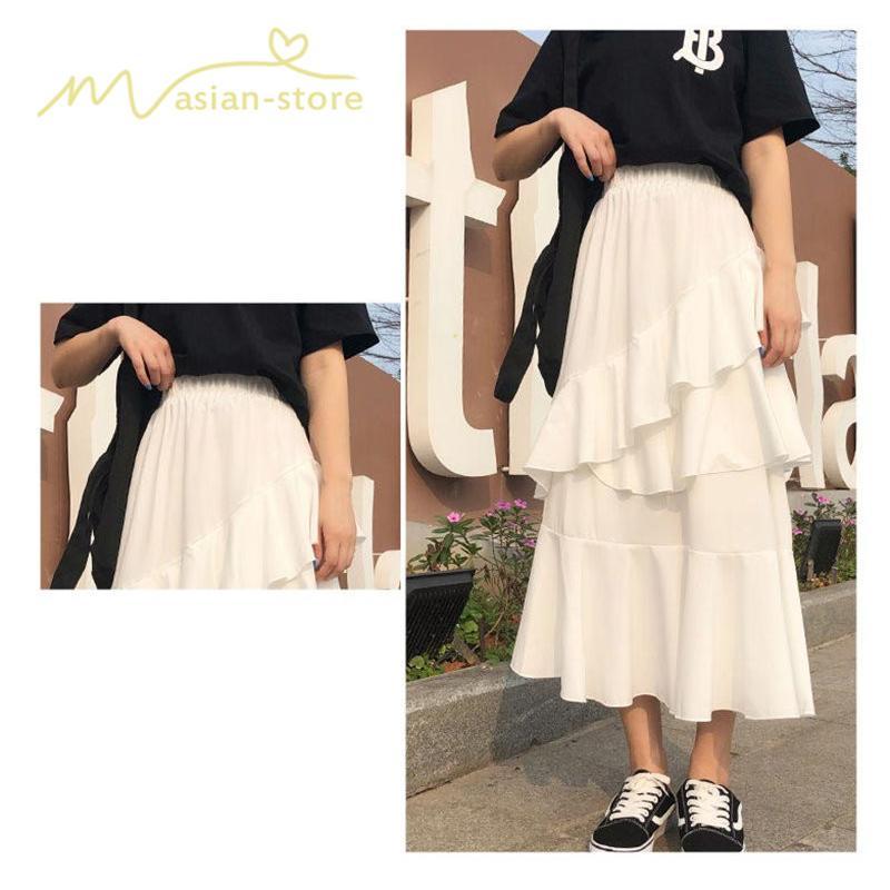 スカート | Aライン フレア裾 不規則アシンメトリー シフォン 韓国風 ティアード フリーサイズ 2020夏コーデ プリーツフレア ウエストゴム ハイウエスト