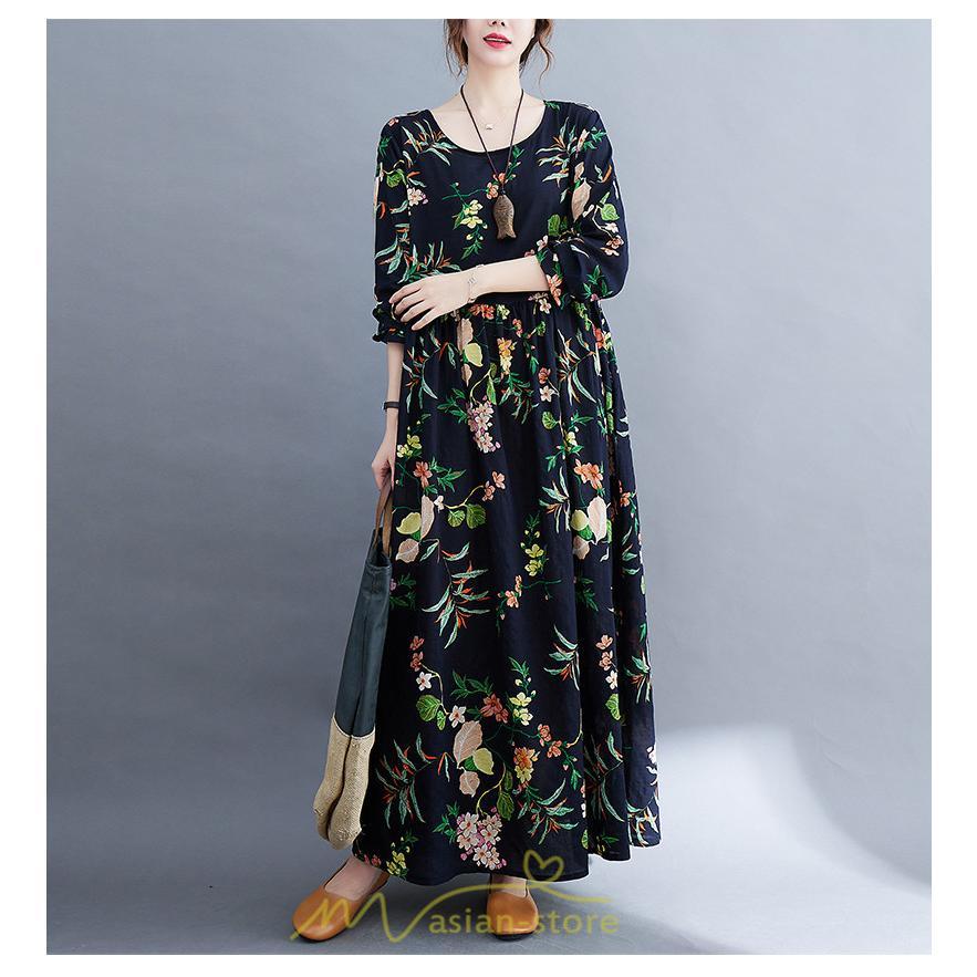 マキシ | 長袖ワンピース 秋物 レディース ロングワンピース 花柄 夏 30代40代 大人 秋ワンピース 新作 ワンピース Aラインワンピ ゆったり 旅行 広い裾 可愛い 揺れる