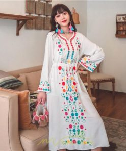 マキシ | ワンピース コットン 長袖ワンピース カジュアル ゆったり ナチュラル シンプル 可愛い 夏 秋 エスニック Vネック 鎖骨 レトロ 黄色 刺繍 白 青 三色展開