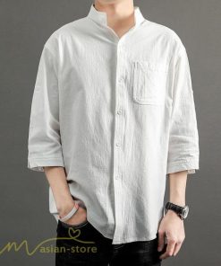 シャツ | 夏メンズ 麻 綿 カジュル 7分丈 カッコイイ ワイドゆったり 夏コーデ 新作 サマー風 スタンドカラー 日常感 無地 5XL ボタン 上品 大きいサイズ