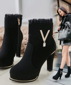 ショートブーツ | スエードブーツ レディース 切替 レース ラウンドトゥ 厚底シューズ チャンキーヒール 太ヒール 厚底 ミドルヒール サイドファスナー 黒