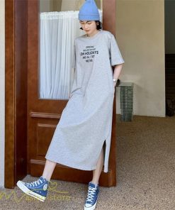 マキシ | ワンピース レディース Tシャツワンピース カットソー ロングTシャツ 夏新作 英字 半袖ワンピ ロングワンピ 大きいサイズ 体型カバー サマー 裾口スリット 夏物
