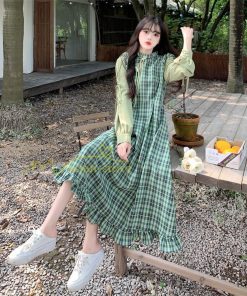 マキシ | ロングワンピース 秋物 レディース ミモレ丈 Aラインワンピース 切り替え フェイク レイヤード風 着やせ チェック柄 重ね着風 30代40代 お呼ばれワンピース