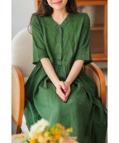 ミディアム | ワンピース レディース 夏新作 半袖 五分袖 ミモレ丈 刺繍 無地 Aラインワンピース ギャザー ゆったり Vネック ウエストリボン付き 調整可 40代 綿麻 30代