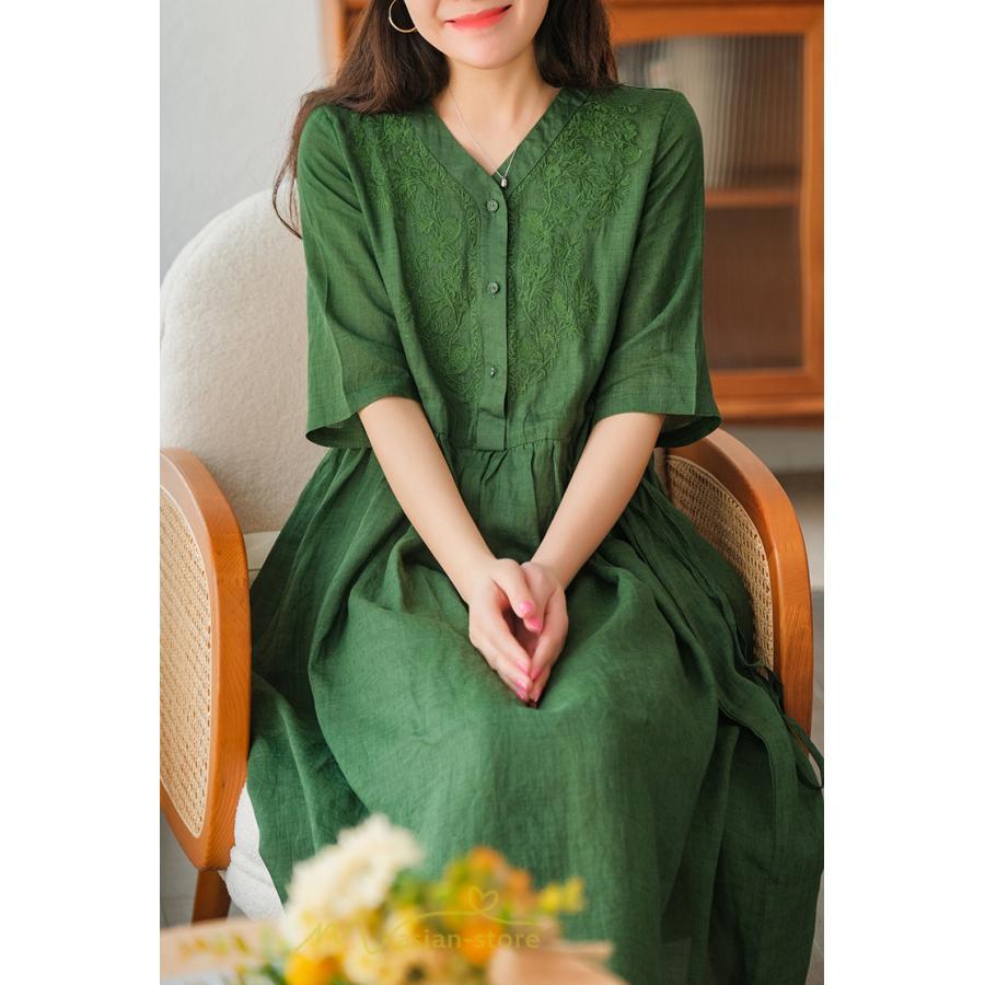 ミディアム | ワンピース レディース 夏新作 半袖 五分袖 ミモレ丈 刺繍 無地 Aラインワンピース ギャザー ゆったり Vネック ウエストリボン付き 調整可 40代 綿麻 30代