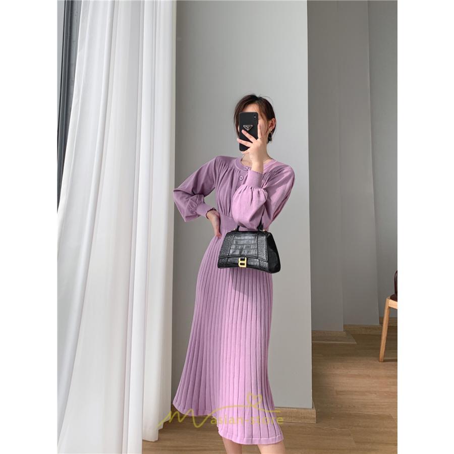 ニットワンピース | レディース 冬 きれいめ ロング おしゃれ 秋冬 長袖 送料無料 着痩せ 無地 通勤 提灯袖 可愛い パフスリーブ 20代30代40代50代