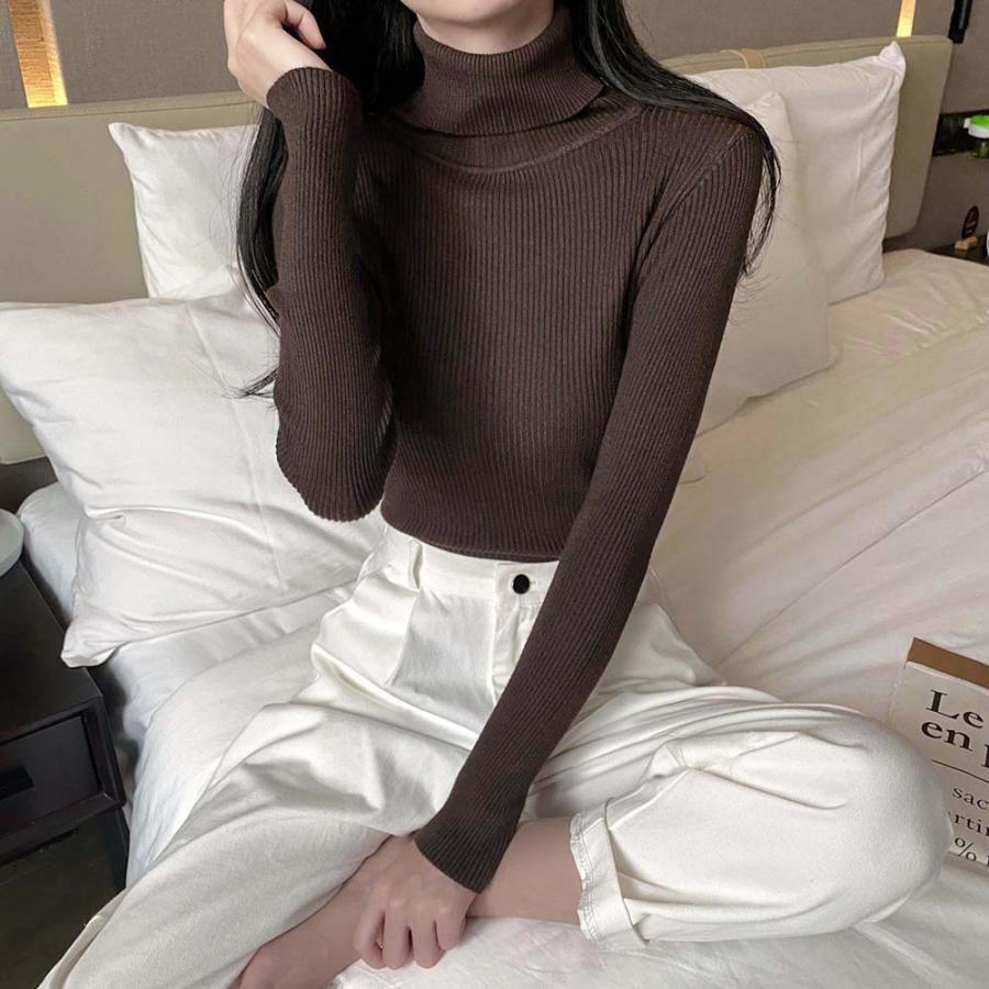 ニット・セーター | リブ ニットトップス タートルネック無地