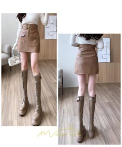 スカート | ミニレディース レザー タイトハイウエスト ポケット インナーパンツ付き ハイウエスト 韓国ファッション フェイクレザー