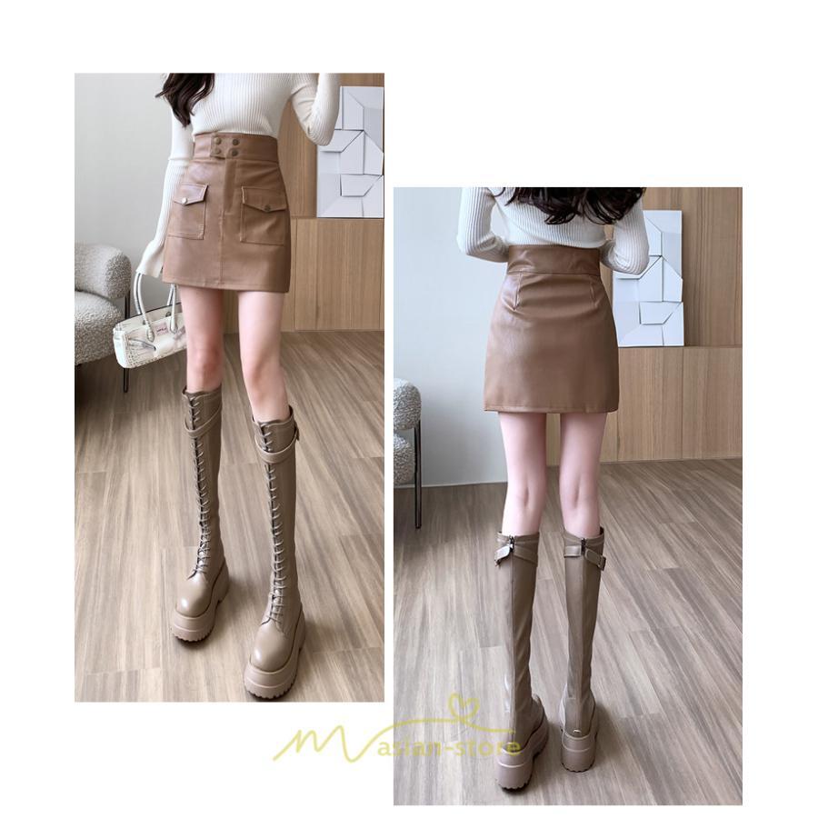 スカート | ミニレディース レザー タイトハイウエスト ポケット インナーパンツ付き ハイウエスト 韓国ファッション フェイクレザー