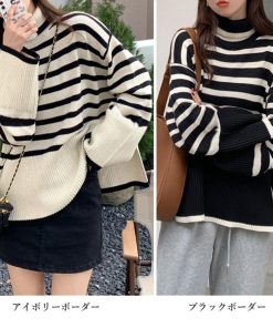 ニット・セーター | タートルネックボーダーニットトップス冬服