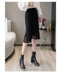 スカート | ニットレディース ファンション レース スリット 膝丈 ミモレ丈 ロング丈 秋冬 秋物 無地 通勤 エレガント フレア 女性 大人 着痩せ オシャレ 上品