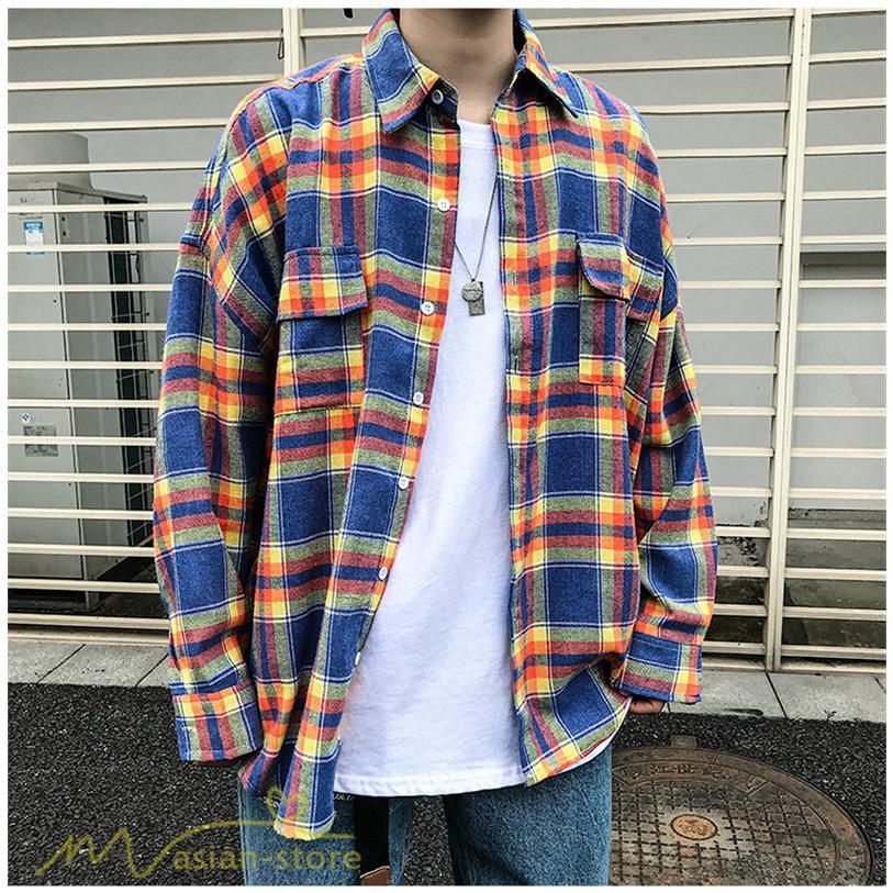 シャツ | ライトアウター 秋服 薄手 メンズ チェック柄 長袖 ポケット 韓国風 カッコウイイ 日常感 ワイドコットン 大きいサイズ トップス 大きいサイズ 男性着