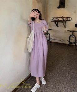 マキシ | ワンピース パフスリーブ 半袖 スクエアネック ゆったり 体型カバー ゆるワンピース フリーサイズ かわいい 無地 シンプル おしゃれ お出かけ レトロ 夏物 上品