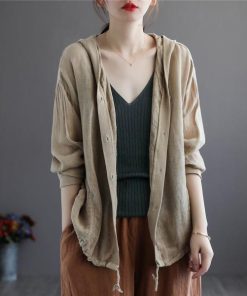 カーディガン | レディース 無地 UVカットー ライトアウター 秋コーデ 40代50代 きれいめ カジュアル フード付き エレガント 大きいサイズ 20代30代 麻混 秋服