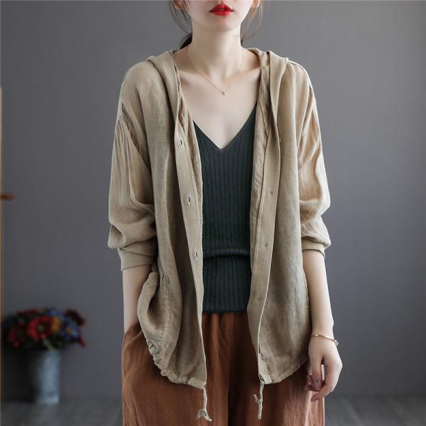 カーディガン | レディース 無地 UVカットー ライトアウター 秋コーデ 40代50代 きれいめ カジュアル フード付き エレガント 大きいサイズ 20代30代 麻混 秋服