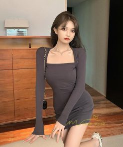 ミニ丈 | ニットワンピース ショート丈 レディース セクシー 長袖タイトワンピ 着やせ おしゃれ パーティードレス ファッション ミニワンピ スクエアネック ストレッチ