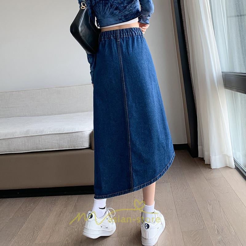 スカート | バッグゴムデニムロング秋冬 ミモレ丈 秋物 レディース 不規則裾 フロントスリット Aライン大きいサイズあり デニム スカート 6XL