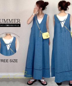マキシ | ロングワンピース ノースリーブ 夏物 デニムワンピース マキシワンピース Aラインワンピース Vネック 薄手 無地 可愛い Denim 大人 20代30代40代 ゆったり