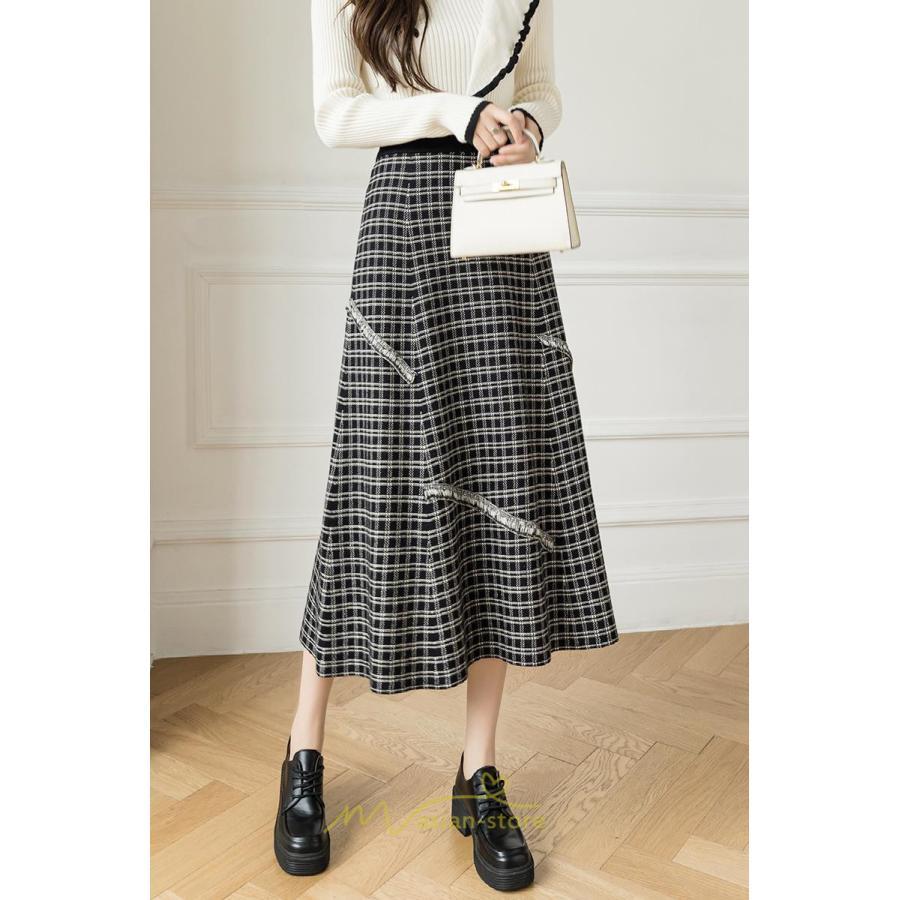 スカート | ロングチェック柄 ニット きれいめ レディース ロング丈 女子会 デート 20代 30代 40代 50代 秋 あったか お出かけ 冬 フレア 高見え 細見え