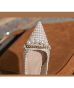 パンプス | ポインテッドトゥ ピンヒール スリップオン レディース ハイヒール グレンチェック ツイード 編みニット エレガント 22cm-24.5cm フェイクパール