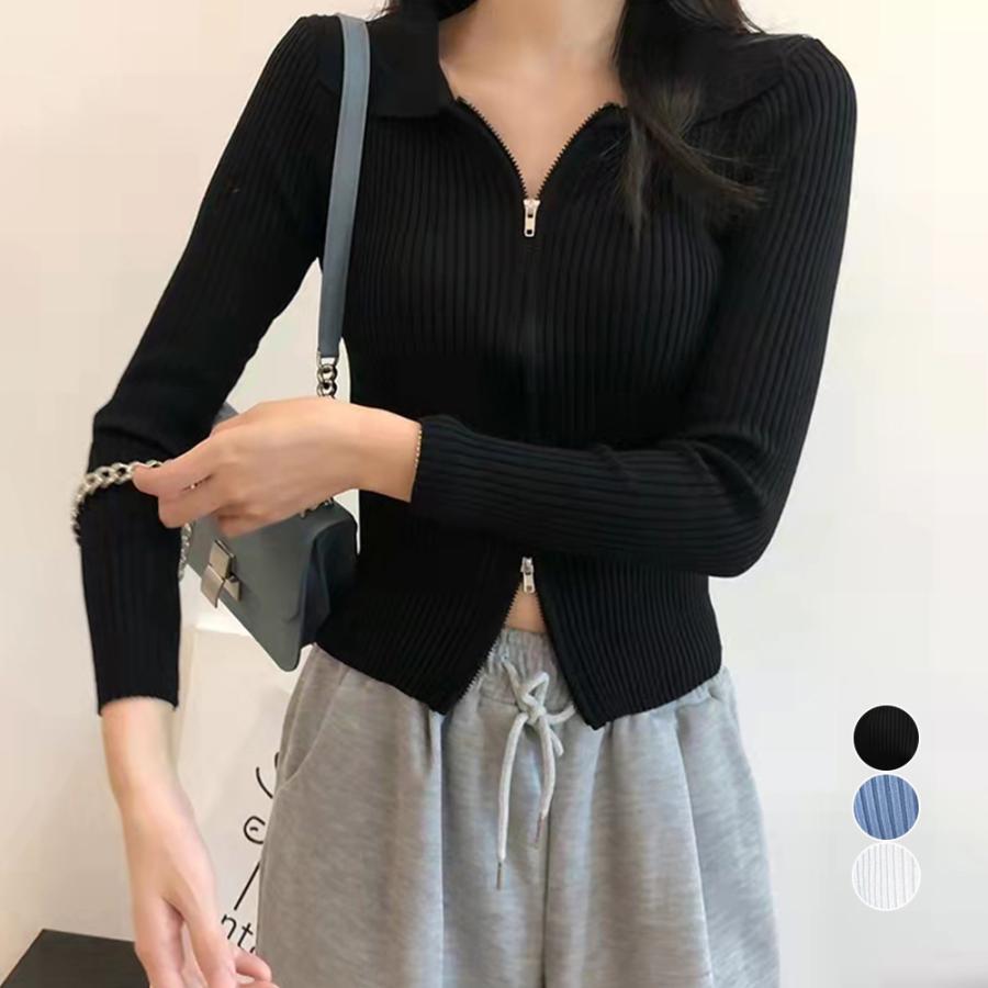 ニット・セーター | リブニットトップスレディースジップアップ