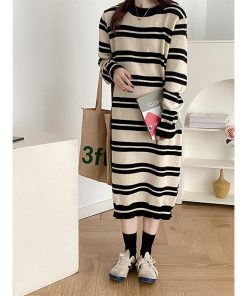 ニットワンピース | ワンピース 秋冬 ロングワンピース ミモレ丈 ボーダー ゆったり 体型カバー 柔らか 大人 長袖 ニット 50代 20代30代 アウター セーター
