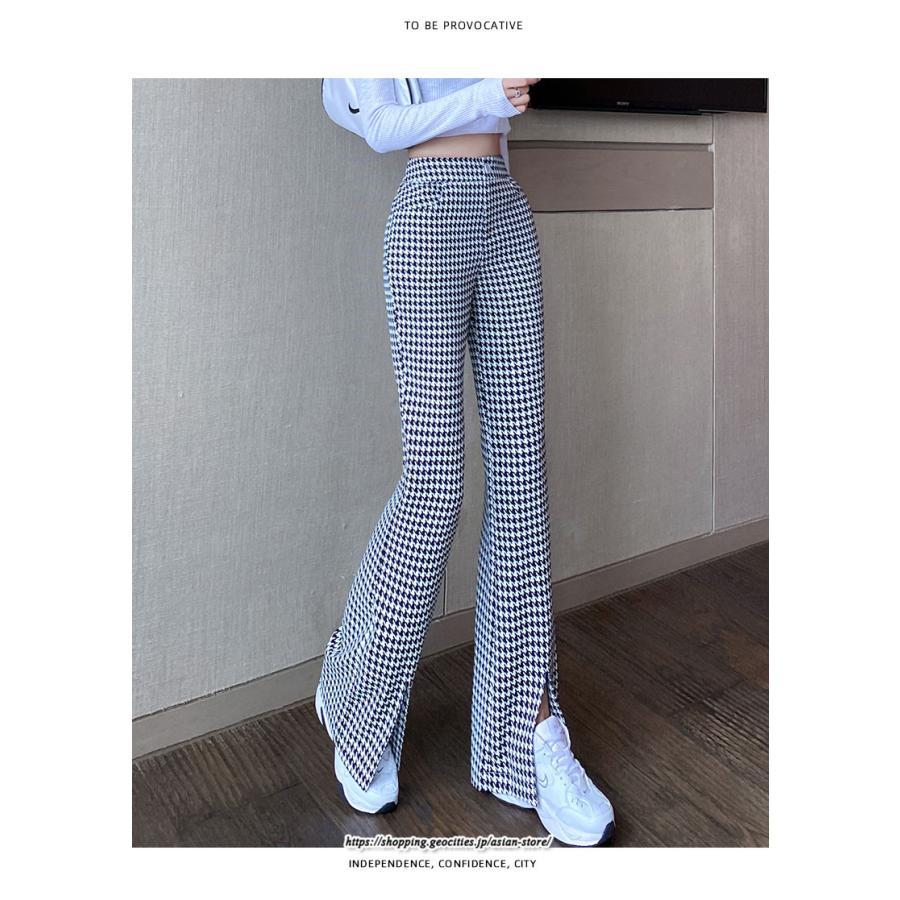 チノ・テーパード・ジョガー・スキニーパン | パンツ レディース フレアパンツ ロングパンツ 千鳥格柄 スリット カジュアル ハイウエスト ワイドパンツ トレンド おしゃれ 送料無料 楽ちん お出かけ かわいい