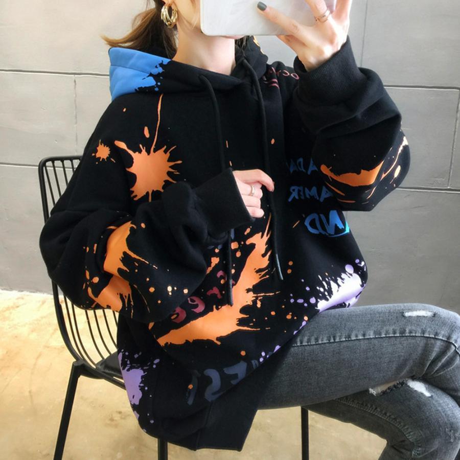パーカ | レディース 秋冬 ペイント柄 スウェット ポケット付き 韓国風 長袖トレーナー 裏起毛 フード付き おしゃれ パーカー プルオーバー