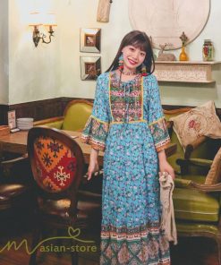 マキシ | ワンピース 長袖 レディース ロング丈 コットン Aライン ゆったり 体型カバー 大人 可愛い ナチュラル 春 夏 秋 海外旅行 フェミニン 着痩せ Vネック エスニック