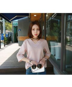 シャツ・ブラウス | シャツブラウス レディース シャツ 五分袖 Vネック 無地 トップス カットソー 可愛い 大人 30代 40代 50代 フォーマル ピンク 白 ブルー オフィス