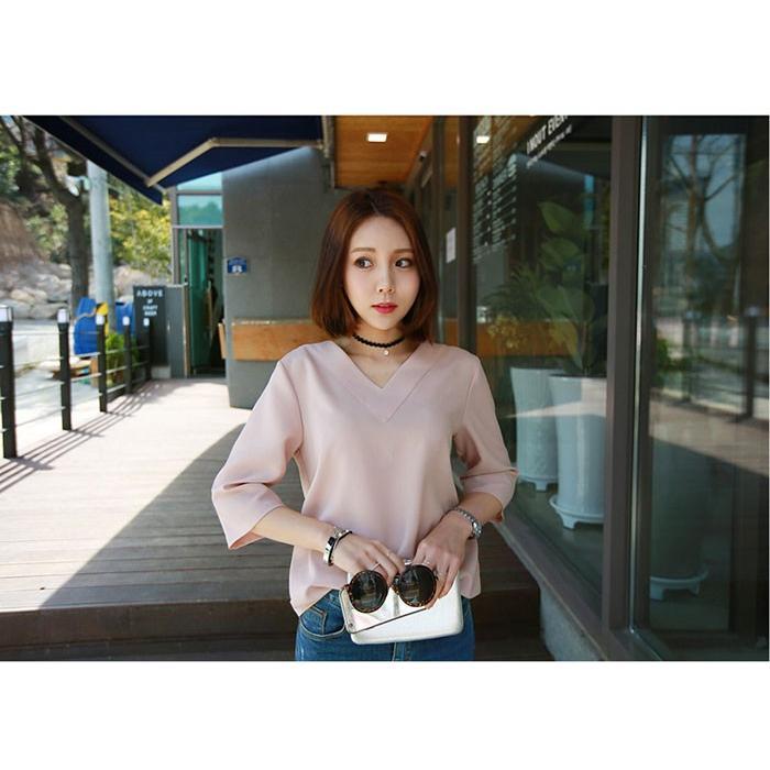 シャツ・ブラウス | シャツブラウス レディース シャツ 五分袖 Vネック 無地 トップス カットソー 可愛い 大人 30代 40代 50代 フォーマル ピンク 白 ブルー オフィス