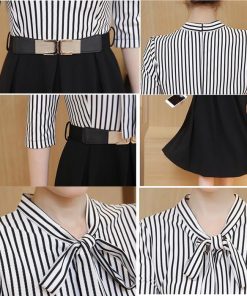 ミディアム | 即日発送 ワンピース フレアワンピース レディース ミディアムワンピース ひざ丈 七分袖 ストライプ ハイウエスト OLワンピ リボン付き ドッキングワンピース