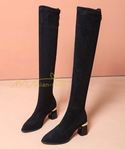 ロングブーツ | ニーハイブーツ スエード調 美脚 秋冬 ストレッチ チャンキーヒール 太ヒール レディース 走れる 黒 美脚 無地 ブーツ ハイヒール