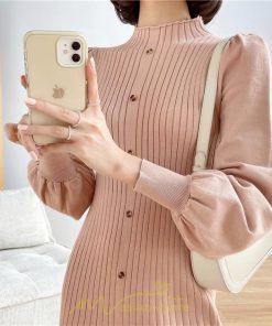 ニットワンピース | レディース 冬 きれいめ ニットフレア ロング おしゃれ ハイネック パフスリーブ 着痩せ エレガント おしゃれ フェミニン 送料無料 可愛い