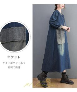 デニムワンピース | ワンピース デニム レディース 40代 ロング チュニック 長袖 ゆったり かわいい 大きいサイズ 藍 大きいポケット 体型カバー